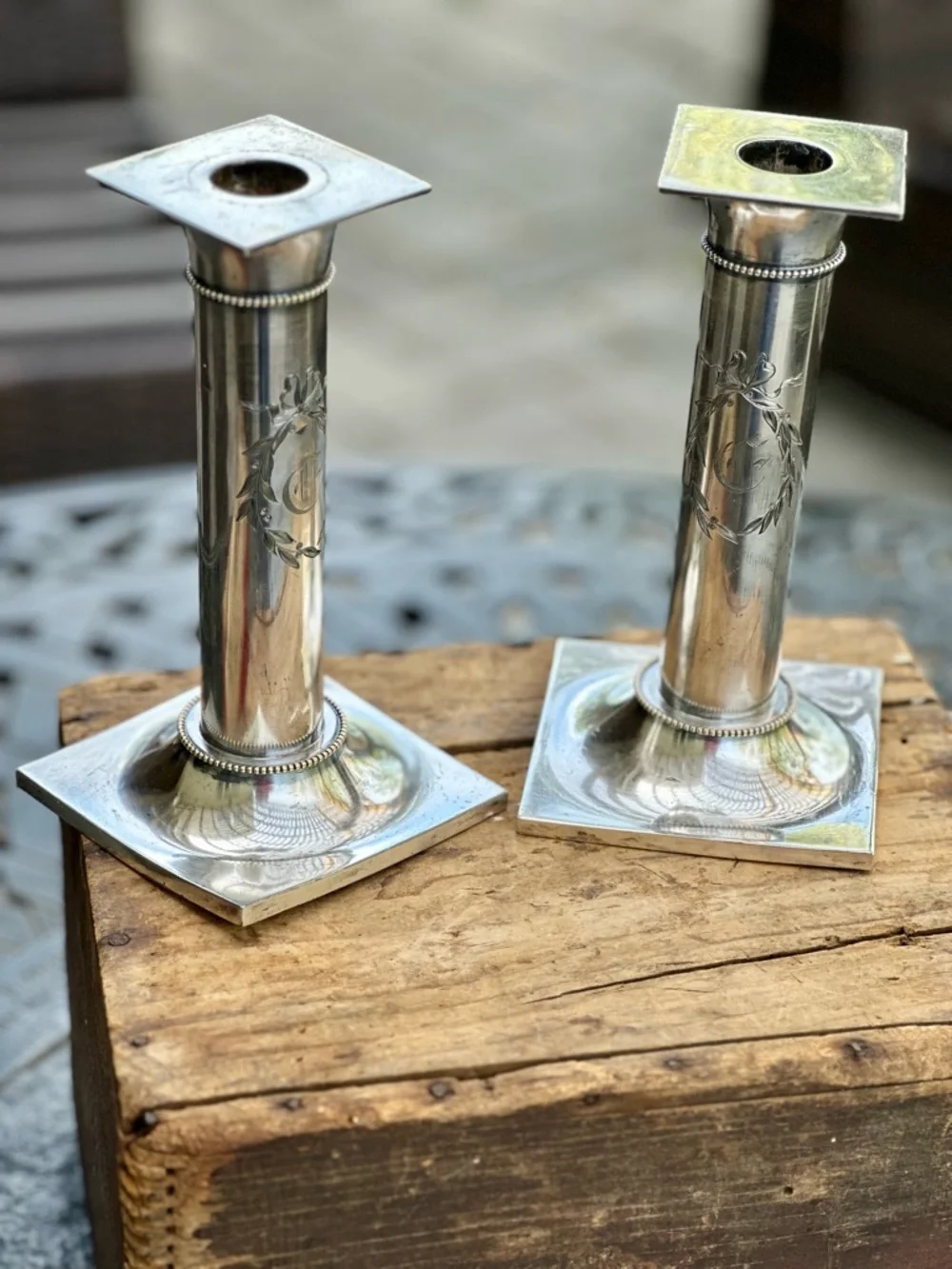 Vintage Pairpoint Silverplate Candlesticks Engraved Monogram Deco Pair